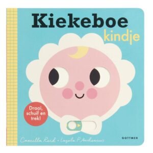Kiekeboe kindje kartonboek met roze babygezicht en schuifknop voor peuters Kiekeboe kindje flapjesboek