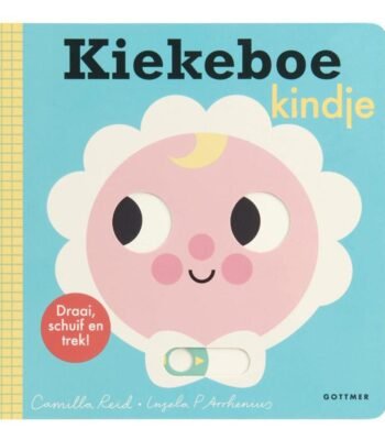 Kiekeboe kindje kartonboek met roze babygezicht en schuifknop voor peuters Kiekeboe kindje flapjesboek