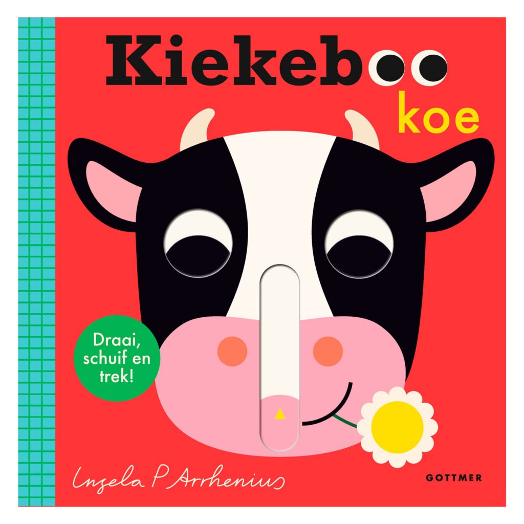 Interactief kinderboek "Kiekeboe Koe" met kleurrijke illustratie van een lachende koe Kiekeboe Koe