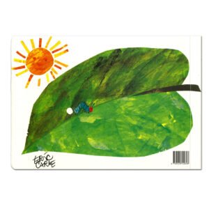 Rups op een groot groen blad onder de zon uit Rupsje Nooitgenoeg