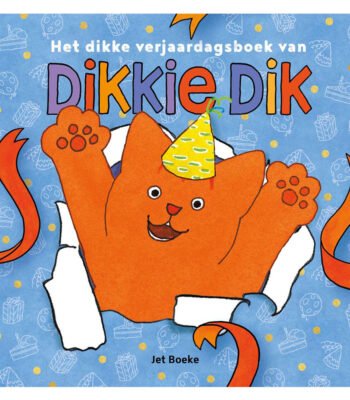 Voorkant van Het dikke verjaardagsboek van Dikkie Dik met oranje kat en feesthoed Het dikke verjaardagsboek van Dikkie Dik