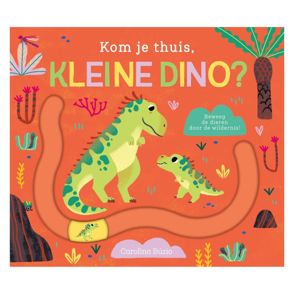 Voorkant van het prentenboek ‘Kom je thuis, kleine dino?’ met groene dino’s en speelelementen Kom je thuis, kleine dino?