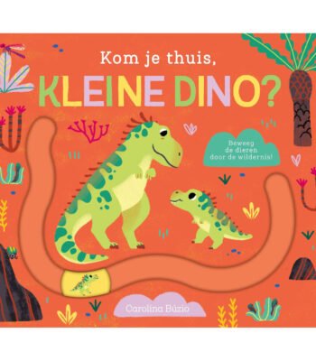 Voorkant van het prentenboek ‘Kom je thuis, kleine dino?’ met groene dino’s en speelelementen Kom je thuis, kleine dino?