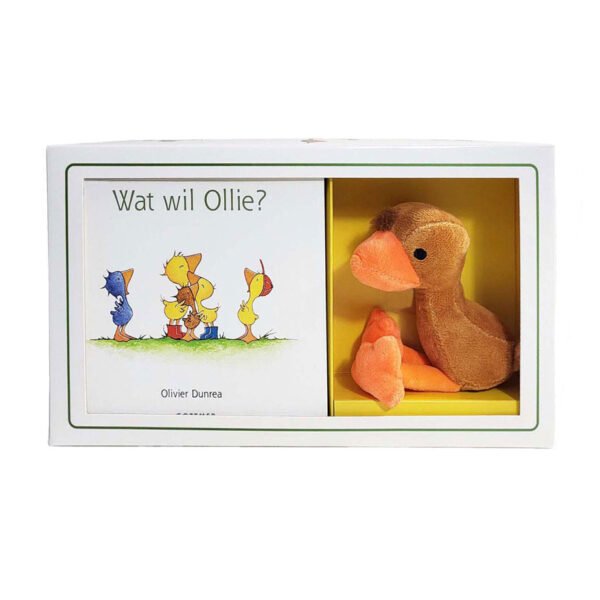 Cadeaudoos met kinderboek Wat wil Ollie? en knuffel van eendje Ollie in gele verpakking Wat wil Ollie? Prentenboek