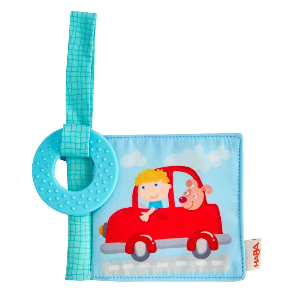 Zacht Haba buggyboek voertuigen met jongen en hond in rode auto illustratie