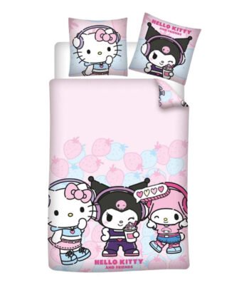 Hello Kitty dekbedovertrek set met kussenslopen en Kuromi design in pastel roze Hello Kitty Friends Dekbedovertrek