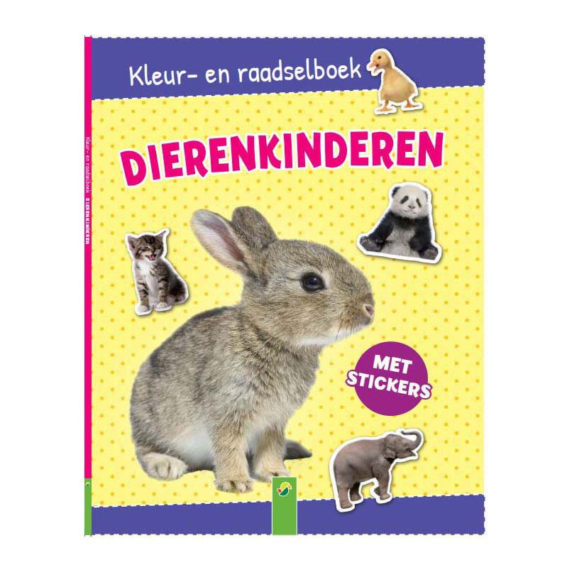 Voorkant van het kleur- en raadselboek Dierenkinderen met Stickers met een konijntje en andere jonge dieren op de cover