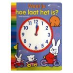 Kleurrijke boekcover van klokboek Weet je hoe laat het is? met konijntjes en klok