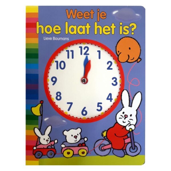 Kleurrijke boekcover van klokboek Weet je hoe laat het is? met konijntjes en klok