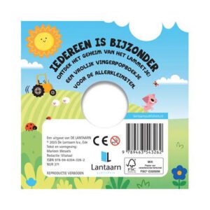 Achterzijde kinderboek met lammetje, zon en speelse boerderij-elementen