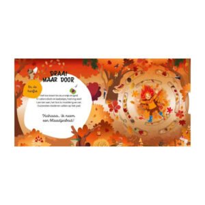 Kind speelt vrolijk in een herfstbos met vallende bladeren en dieren om zich heen