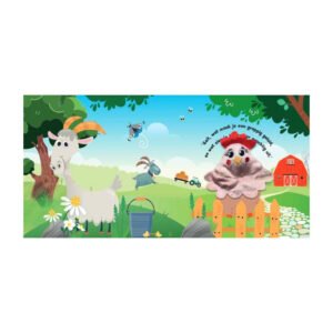 Boerderijscène met geiten, kuikens en een vingerpop kip op een hek