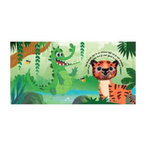 Tijger met vingerpop praat met krokodil in een kleurrijk jungle prentenboek voor kinderen