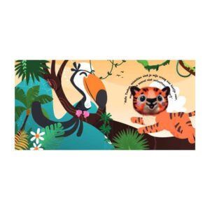 Tijger met vingerpop stelt een vraag aan een toekan in tropische jungle scène