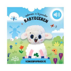 Voorzijde babyboekje met vingerpop-lammetje en kleurrijke natuurillustratie Iedereen is Bijzonder - Babydieren Vingerpopboekje