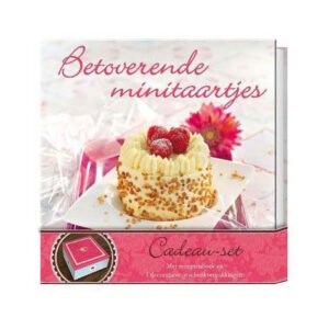 Voorkant van het boek 'Betoverende minitaartjes' cadeau-set met mini taartje met frambozen Betoverende Minitaartjes Receptenboek