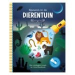Voorkant kinderboek Speuren in de Dierentuin met leeuw en zaklamp illustratie Speuren in de Dierentuin + kartonnen zaklamp