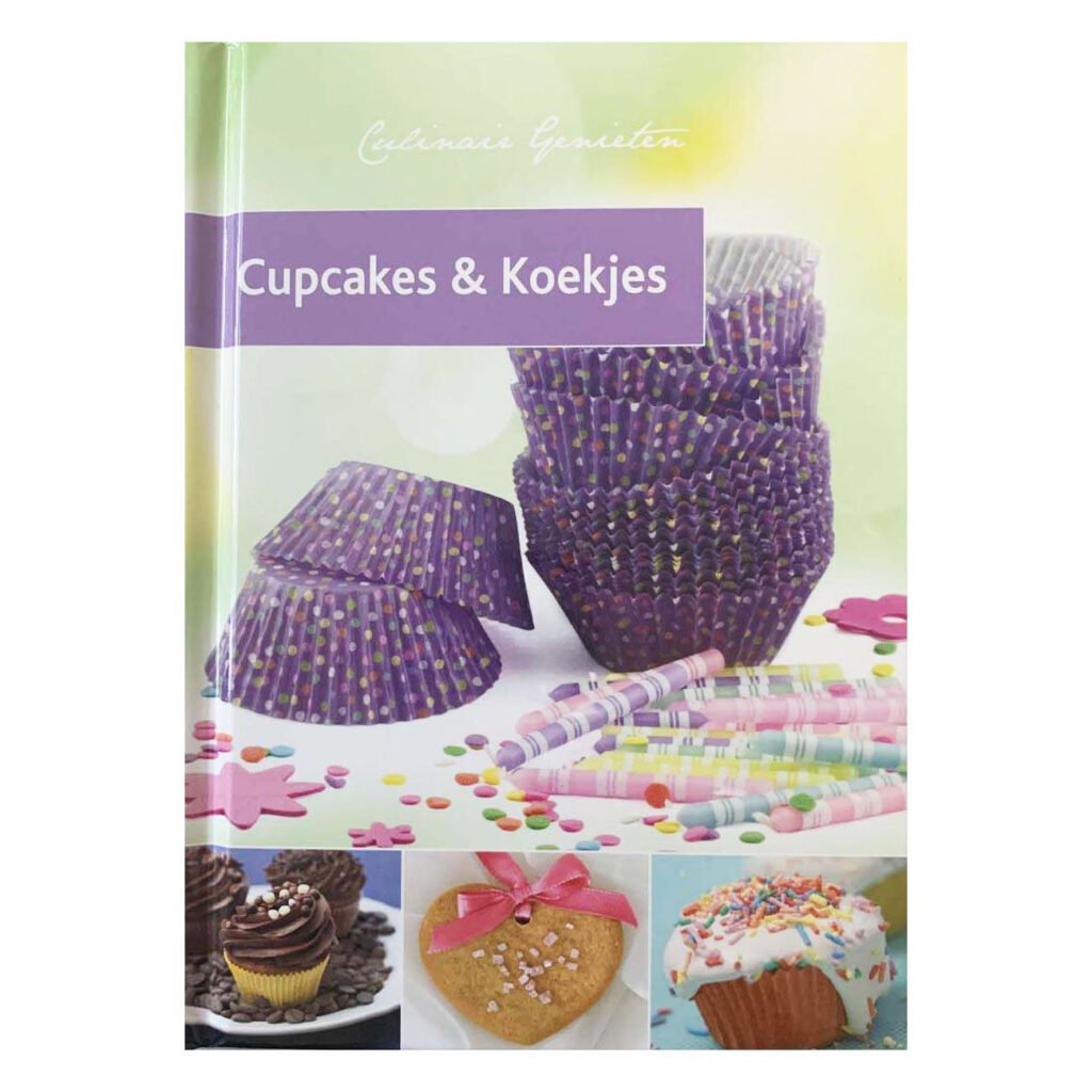 Voorkant van het kookboek 'Cupcakes & Koekjes' met paarse cupcakevormpjes en kleurrijke decoratie Cupcakes & Koekjes Receptenboek