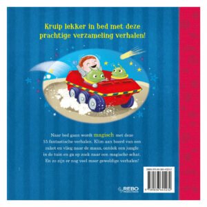 Illustratie van jongen in ruimtevoertuig met aliens op achterkant van kinderboek vol magische verhalen
