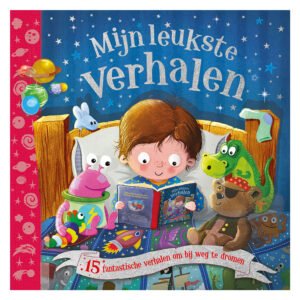 Omslag van kinderboek Mijn leukste verhalenboek Blauw met jongen in bed en kleurrijke knuffels