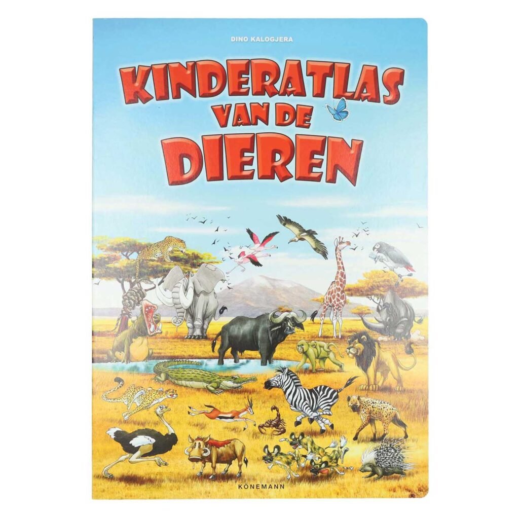 Voorzijde van het boek 'Kinderatlas van de Dieren' met illustraties van savannedieren Mega Kinderatlas van de Dieren