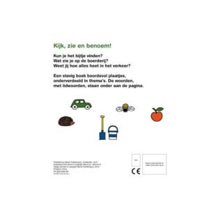 Achterkant van educatief kinderboek met illustraties van een auto, bij en appel