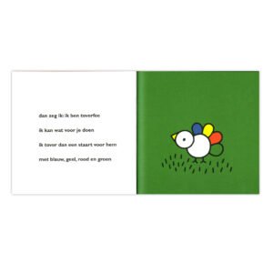 Binnenpagina Nijntje de toverfee met kleurrijke vogel op groene pagina