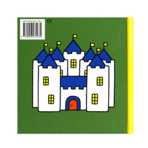 Achterkant boek met Illustratie van wit kasteel met blauwe torens op groene achtergrond uit Nijntje boek