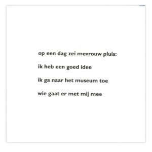 Binnenpagina uit Nijntje in het museum met tekst over mevrouw Pluis die naar het museum gaat