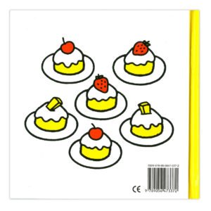 Illustratie van zes taartjes op bordjes op achterkant Nijntje boek