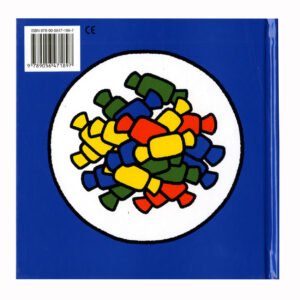 Achterkant van nijntje is stout boek met illustratie van kleurrijke snoepjes