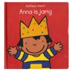 Voorzijde van prentenboek Anna is Jarig met blije Anna op rode kaft