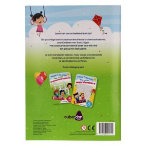 Achterkant van educatief kinderboek met uitleg over taalspelletjes en voordelen