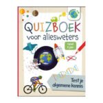 Voorkant van educatief quizboek voor allesweters vanaf 8 jaar met kleurrijke illustraties van wetenschap en sport