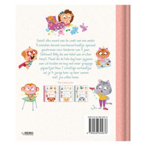 Achterkant kinderboek 5-minuten verhaaltjes voor 4 jaar met schattige dierfiguren en korte voorleesverhalen