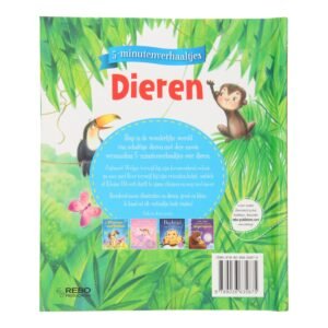 Achterkant van het kinderboek 5-minutenverhaaltjes Dieren met kleurrijke jungle-illustraties