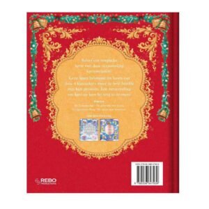 Achterkant van het kerstboek 'Een schatkist vol kerstverhalen' met beschrijving van de inhoud en feestelijke versiering