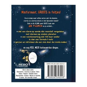 Achterkant van kinderboek over de ruimte met informatieve en speelse tekst