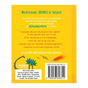 Achterkant van het kinderboek over dinosauriërs met beschrijving van inhoud en ISBN-code