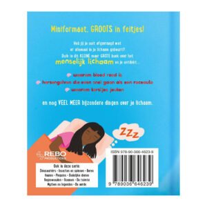 Achterkant van kinderboek over het menselijk lichaam met kleurrijke illustraties en informatieve tekst