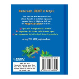 Achterkant van het kinderboek over regenwouden met kleurrijke illustraties en educatieve tekst