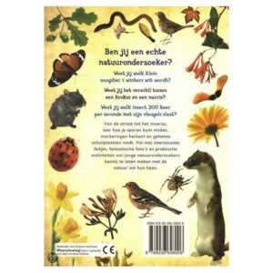 Achterkant van het kinderboek Natuuronderzoekers met illustraties van dieren, bloemen en insecten