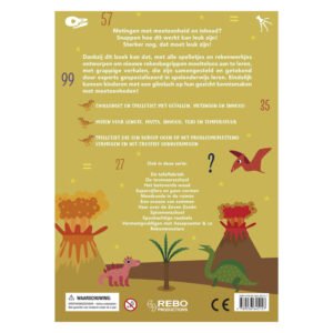 Achterkant van het kinderboek 'Word een Wiskid - Meten met de Dino’s' met speelse uitleg over meten, rekenen en dinospellen.