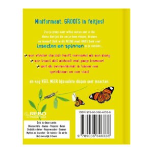 Achterzijde van informatief kinderboek over insecten en spinnen met kleurrijke tekst en illustraties van vlinders en rupsen.