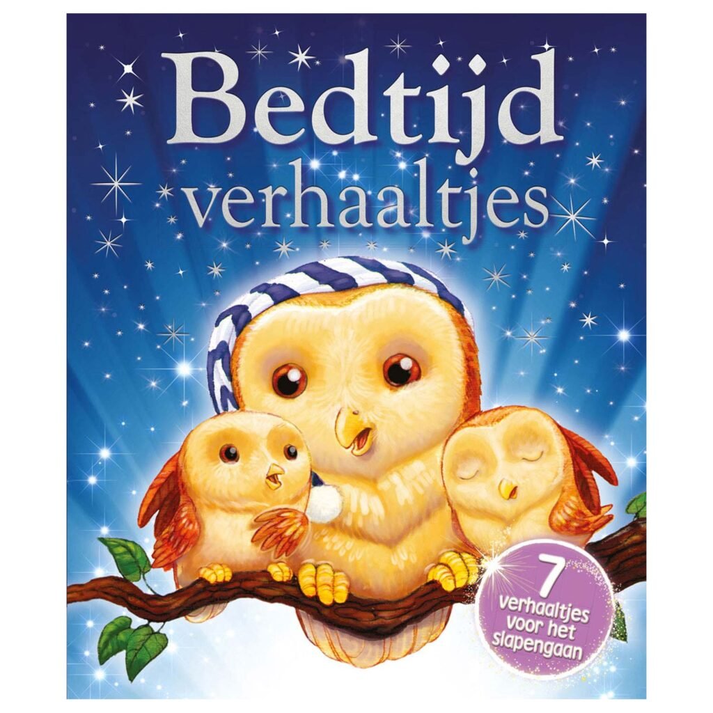 Kinderboek Bedtijdverhaaltjes met schattige uilen op een tak onder sterrenhemel Bedtijdverhaaltjes