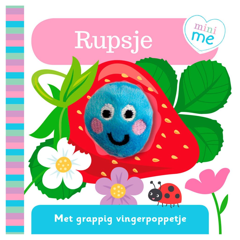 Blauwe vingerpop rups op kleurrijke kinderboek cover met aardbei en bloemen Vingerpopboekje Mini Me Rupsje