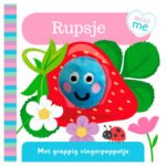 Blauwe vingerpop rups op kleurrijke kinderboek cover met aardbei en bloemen Vingerpopboekje Mini Me Rupsje