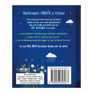 Boekachterkant van 'Het kleine maar grote boek over De aarde' met beschrijving van inhoud en ISBN-code.