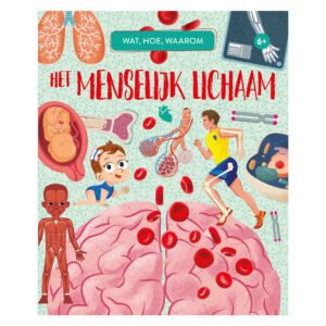 Vrolijke boekcover over het menselijk lichaam voor kinderen met kleurrijke anatomie illustraties Het Menselijk Lichaam - Wat, Hoe, Waarom