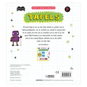 Achterkant van educatief tafelboek met robotillustratie en uitleg over rekenspel